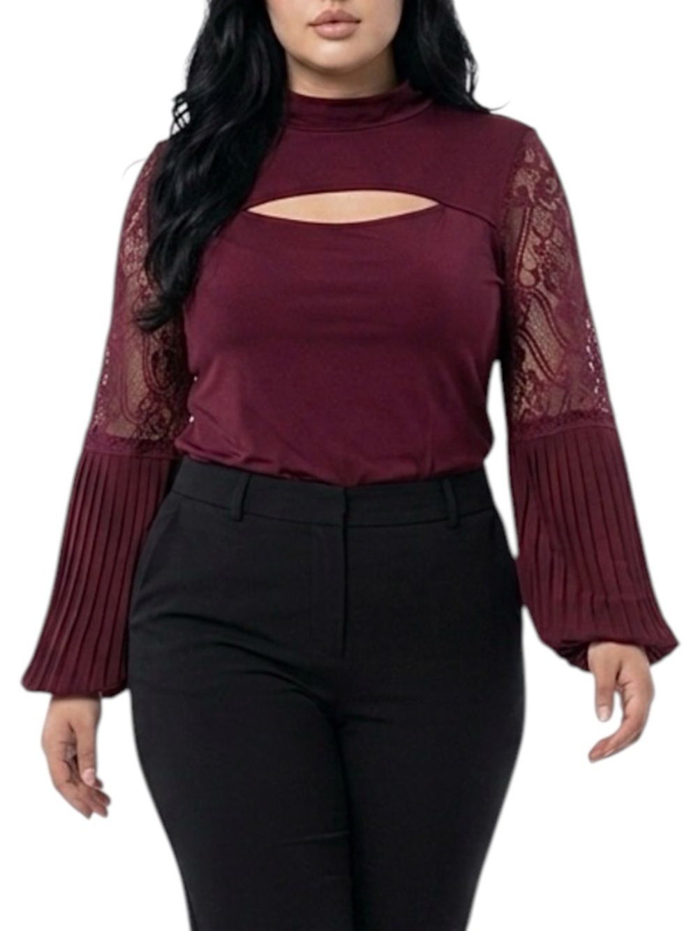 Belldini Burgundy Mock Neck Floral Lace Pleated Bell Cuff Long Sleeve Blouse Top